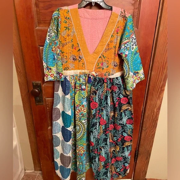 Kantha Bohemian Mixed-Print V-Neck Women’s Dress in Mustard & Teal - Picture 1 of 7